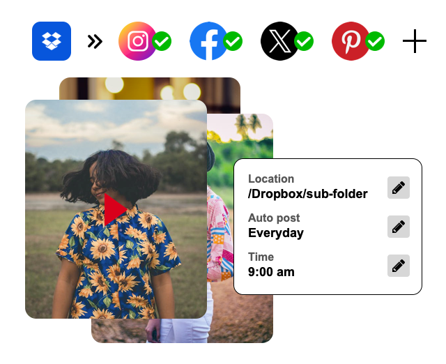 Facebook & Instagram Shop publishes videos and photos directly from your Dropbox to Instagram, Facebook, Pinterest and X (Twitter) by having an automation or a fixed schedules setup.