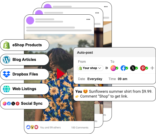 Facebook & Instagram Shop Auto Post publishes your e-shops products, blog posts, web listings, Dropbox files, posts of your other social media accounts to your Facebook Pages automatically on a daily, weekly or monthly basis.