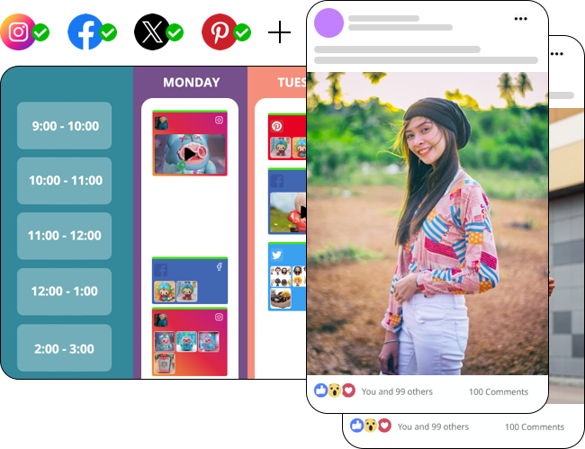 Facebook & Instagram Shop Facebook scheduler - Easily create, schedule, and publish posts, reels and stories for multiple Facebook Pages from a single dashboard. And escape creative block while you do it.