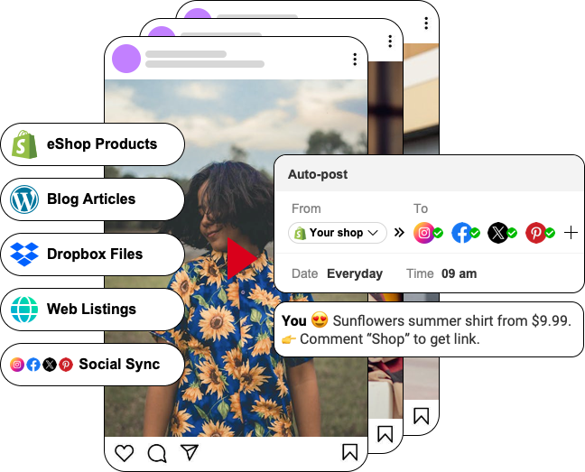 Facebook & Instagram Shop Auto Post publishes your e-shops products, blog posts, web listings, Dropbox files, posts of your other social media accounts to your Instagram automatically on a daily, weekly or monthly basis.
