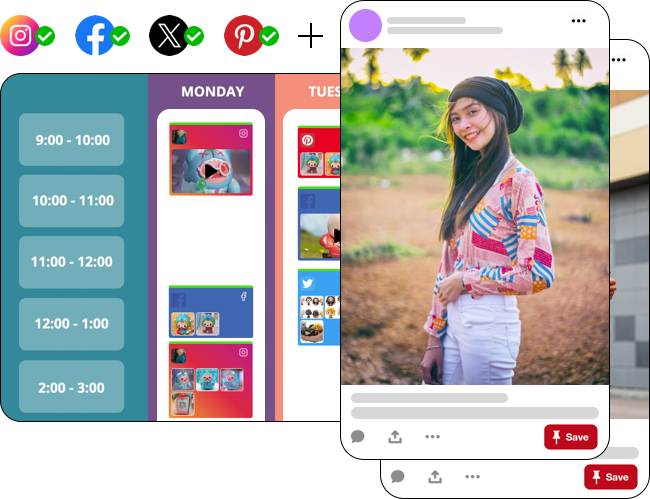 Facebook & Instagram Shop Pinterest scheduler - Easily create, schedule, and publish photo and video pins for Pinterest account. And escape creative block while you do it.
