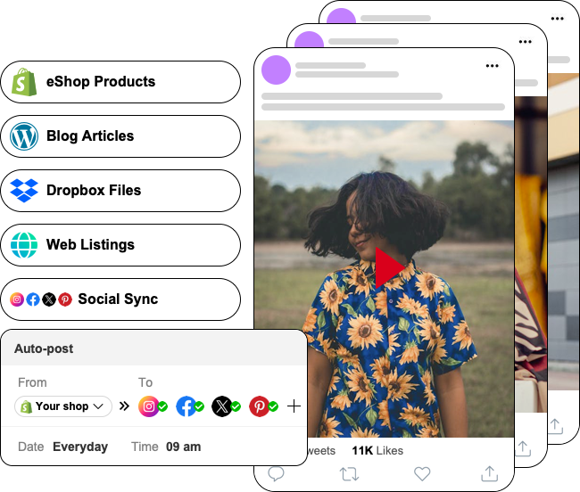 Facebook & Instagram Shop Auto Post publishes your e-shops products, blog posts, web listings, Dropbox files, posts of your other social media accounts to your X (Twitter) automatically on a daily, weekly or monthly basis.