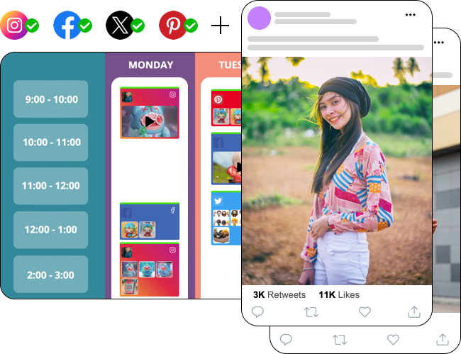 Facebook & Instagram Shop X (Twitter) scheduler - Easily create, schedule, and publish photo and video posts for your X (Twitter) account. And escape creative block while you do it.